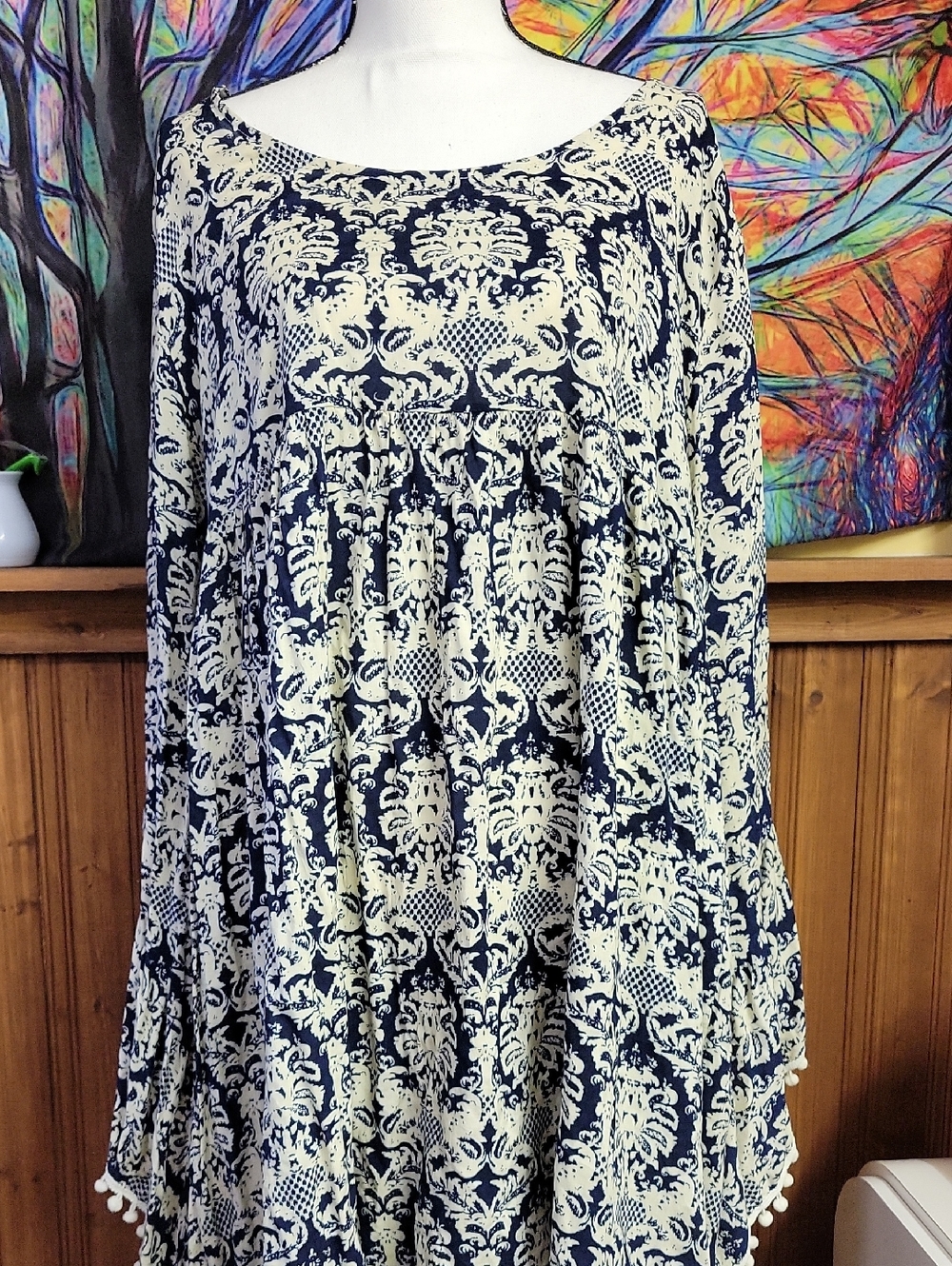 Velzera Navy and Cream Boho Printed Swing Tunic Woman 2xl Dress
